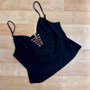 Guess Black Cami Top Rose Gold Chain Lace Up Detail L NWT